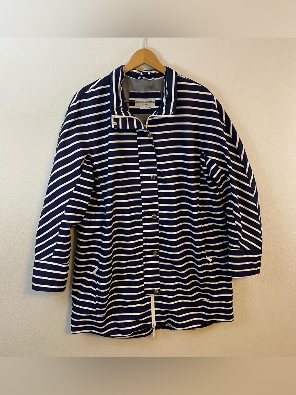 Nikki Jones Montreal Navy Blue and White Striped Long Rain Jacket Womens XL